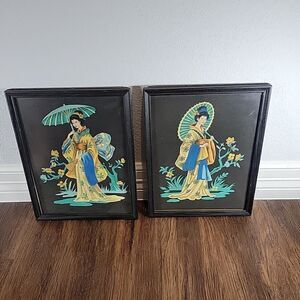 Vtg 1950's 50's set of 2 Geisha Painted on black felt in Matching Frames MCM